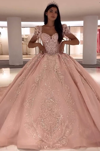 Sparkly Appliques Pink Beaded Long 15 Brithday Quinceanera Dress