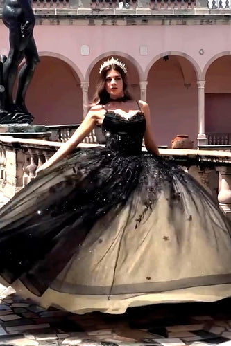 Spaghetti Straps Black Tulle Long Ball Gown with Appliques