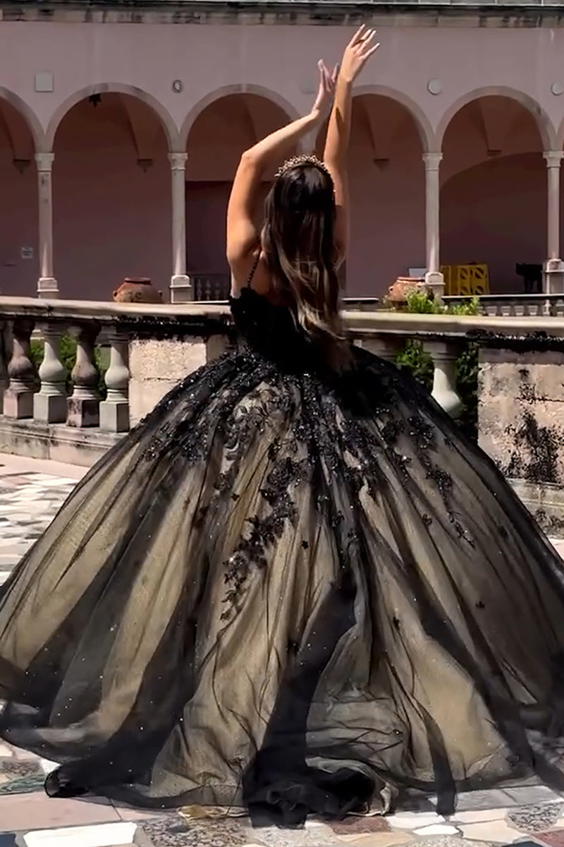 Load image into Gallery viewer, Spaghetti Straps Black Tulle Long Ball Gown with Appliques