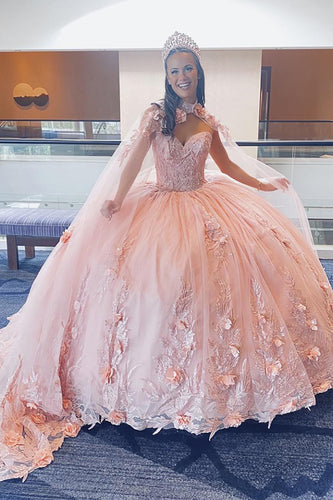 Glitter Pink Floral Appliques Sweetheart Long Ball Gown with Beaded