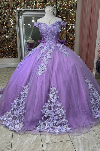 Purple Tulle Floral Off the Shoulder Long Ball Gown with Appliques
