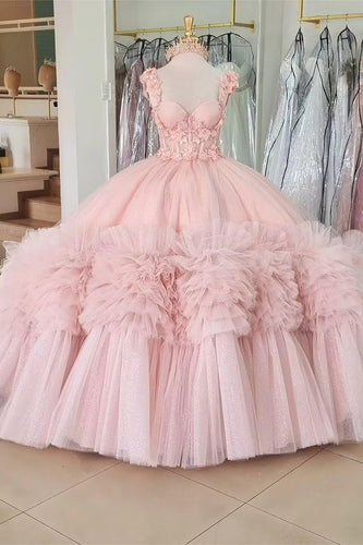 Corset Pink Appliques Off The Shoulder Tulle Quinceanera Dress with Ruffle