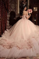 Load image into Gallery viewer, Corset Pink Appliques Off The Shoulder Tulle Quinceanera Dress with Ruffle