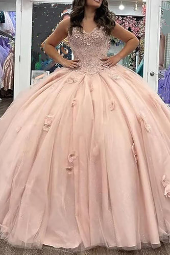 Pink Floral Appliques Strapless Long Quinceanera Dress