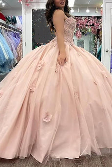 Pink Floral Appliques Strapless Long Quinceanera Dress
