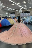 Load image into Gallery viewer, Sparkly Floral Appliques Beaded Corset Pink Ball Gown with Off the Shoulder