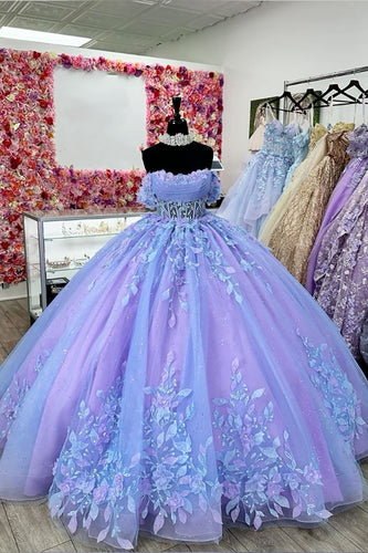 Princess Blue Purple Off the Shoulder Tulle Quinceanera Dress with Appliques