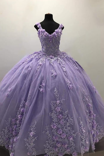 Sparkly Purple V Neck Flowers Appliques Tulle Quinceanera Dress with Beaded