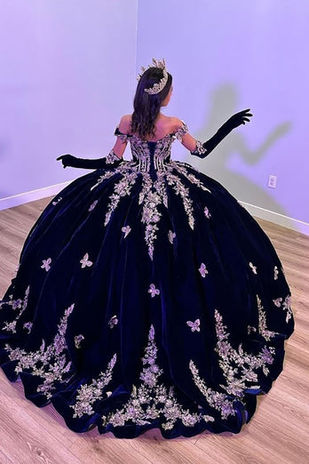 Sparkly Navy Off the Shoulder Sequined Appliques Velvet Quinceanera Dress with Cape