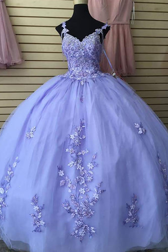 Lilac Spaghetti Straps Appliques Sequined Tulle Long Quinceanera Dress
