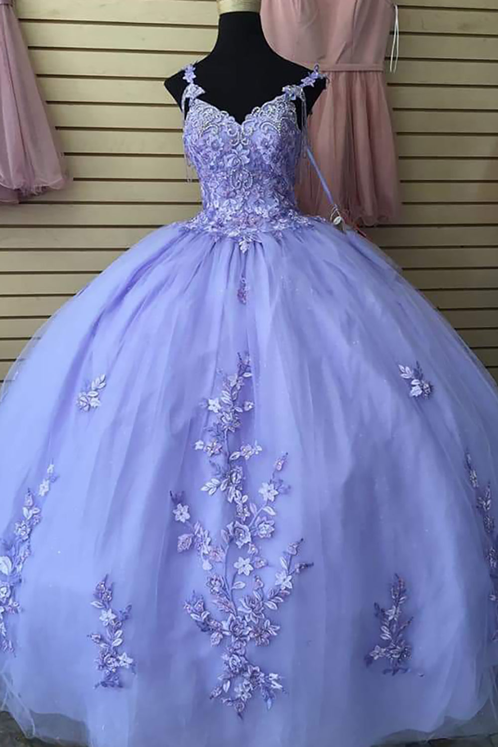 Lilac Spaghetti Straps Appliques Sequined Tulle Long Quinceanera Dress