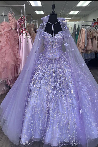 Glitter Lilac Appliques Tulle Long Quinceanera Dress with Cape