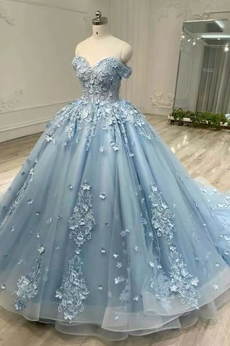 Sparkly Blue Off the Shoulder Appliques Tulle Princess Quinceanera Dress with Sequins