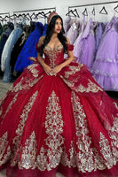 Load image into Gallery viewer, Sparkly Red Sequined Appliques Off the Shoulder Quinceanera Dress with Ruffles