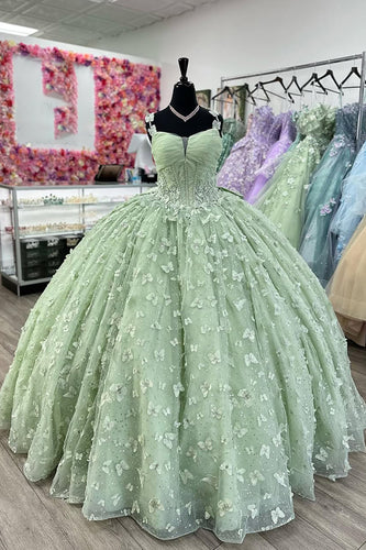 Sage Spaghetti Straps Tulle Corset Long Quinceanera Dress with Butterfly Appliques