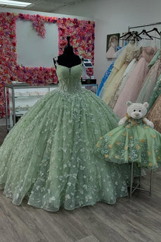 Sage Spaghetti Straps Tulle Corset Long Quinceanera Dress with Butterfly Appliques