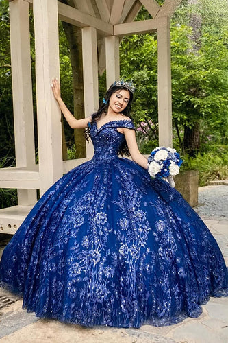 Sparkly Royal Blue Off the Shoulder Sequins Appliques Tulle Quinceanera Dress with Ruffles