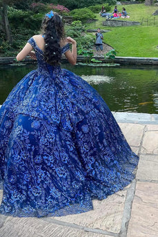Sparkly Royal Blue Off the Shoulder Sequins Appliques Tulle Quinceanera Dress with Ruffles