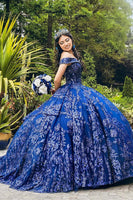 Load image into Gallery viewer, Sparkly Royal Blue Off the Shoulder Sequins Appliques Tulle Quinceanera Dress with Ruffles