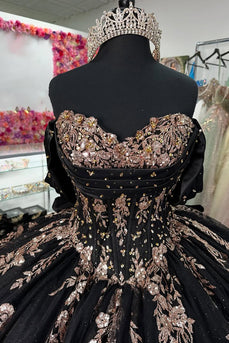 Black Off the Shoulder Appliques Rhinestones Tulle Quinceanera Dress with Sequins