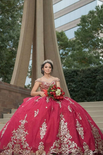 Sparkly Red Sequined Appliques Ruffle Off the Shoulder Quinceanera Dress with Bow