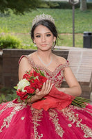 Load image into Gallery viewer, Sparkly Red Sequined Appliques Ruffle Off the Shoulder Quinceanera Dress with Bow