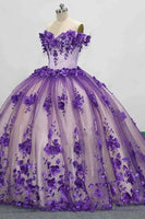 Load image into Gallery viewer, Glitter Purple Flowers Off the Shoulder Tulle Long Quinceanera Dress