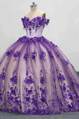 Glitter Purple Flowers Off the Shoulder Tulle Long Quinceanera Dress