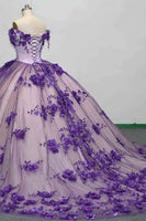 Load image into Gallery viewer, Glitter Purple Flowers Off the Shoulder Tulle Long Quinceanera Dress