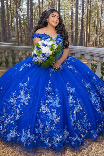 Off the Shoulder Sparkly Royal Blue Appliques Tulle Quinceanera Dress with Beaded