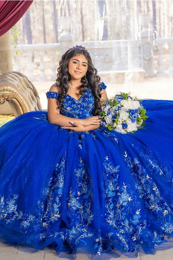 Off the Shoulder Sparkly Royal Blue Appliques Tulle Quinceanera Dress with Beaded