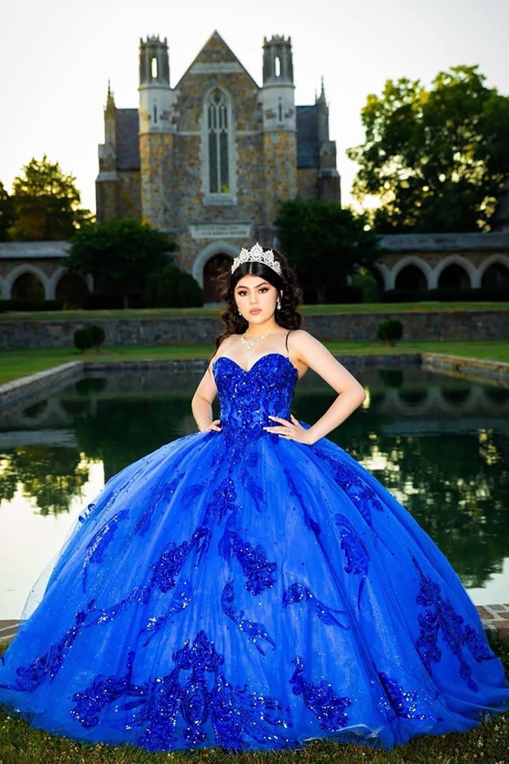 Sparkly Royal Blue Strapless Appliques Tulle Quinceanera Dress with Sequins