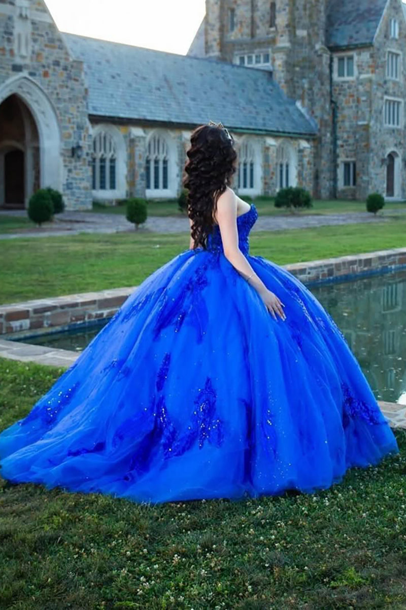 Load image into Gallery viewer, Sparkly Royal Blue Strapless Appliques Tulle Quinceanera Dress with Sequins