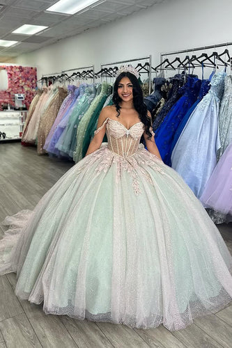 Off the Shoulder Sparkly Pink Sage Appliques Tulle Quinceanera Dress with Bow