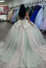 Load image into Gallery viewer, Off the Shoulder Sparkly Pink Sage Appliques Tulle Quinceanera Dress with Bow