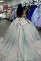 Load image into Gallery viewer, Off the Shoulder Sparkly Pink Sage Appliques Tulle Quinceanera Dress with Bow