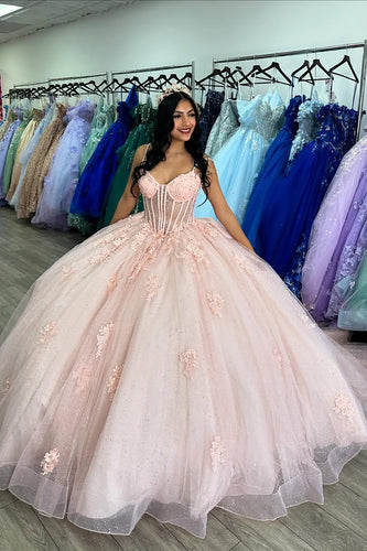 Glitter Pink Spaghetti Straps Appliques Corset Tulle Quinceanera Dress with Bow