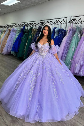 Lilac Appliques Glitter Off the Shoulder Sequined Ruffles Quinceanera Dress with Bow