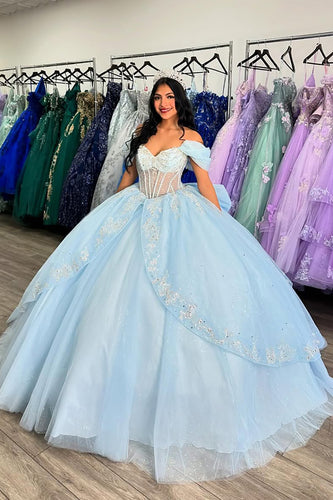 Corset Sparkly Sky Blue Off the Shoulder Ruffles Quinceanera Dress with Beaded