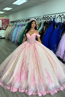 Load image into Gallery viewer, Sparkly Pink Flowers Appliques Off the Shoulder Tulle Quinceanera Dress with Sequins