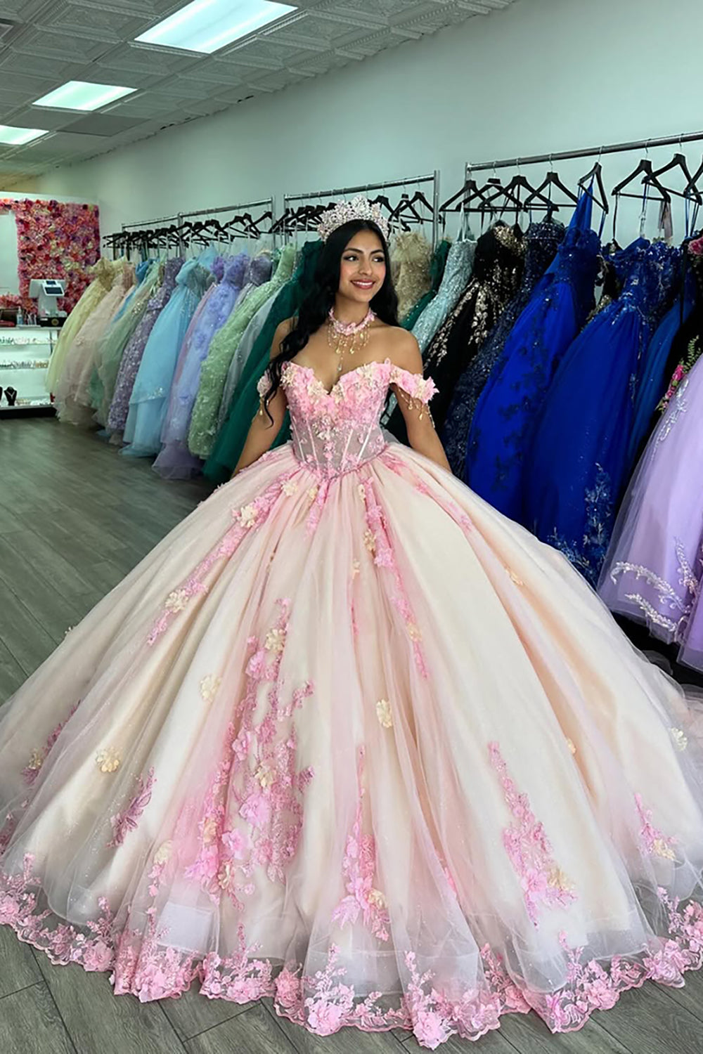 Sparkly Pink Flowers Appliques Off the Shoulder Tulle Quinceanera Dress with Sequins