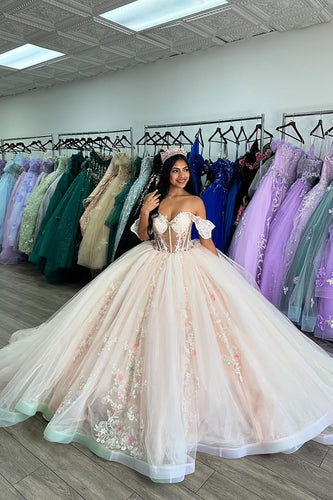 Corset Beige Off the Shoulder Ruffles Appliques Tulle Quinceanera Dress