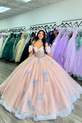 Sparkly Pink+Blue Off the Shoulder Butterfly Appliques Tulle Quinceanera Dress Beaded