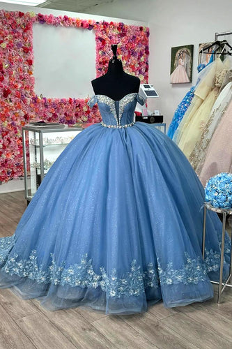 Sparkly Grey Blue Off the Shoulder Beaded Appliques Tulle Quinceanera Dress with Ruffles