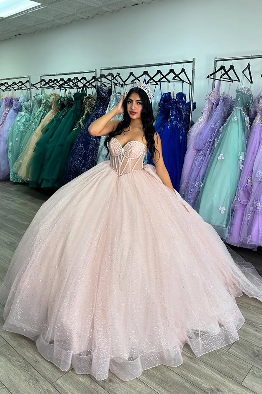 Strapless Corset Glitter Pink Tulle Long Quinceanera Dress