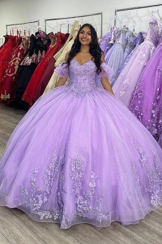Floral Appliques Lilac Tulle Off the Shoulder Long Ball Gown