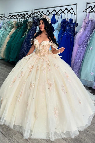 Off the Shoulder Sparkly Beige Beaded Appliques Tulle Quinceanera Dress with Bow