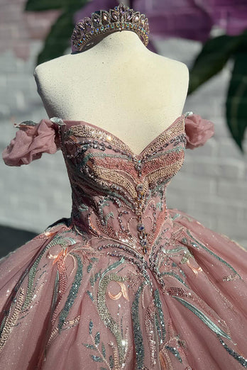 Sparkly Grey Pink Beading Embroidery Tulle Quinceanera Dress with Off the Shoulder