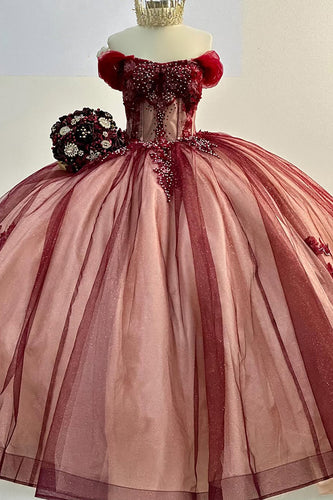 Off the Shoulder Sparkly Red Appliques Beaded Tulle Ball Gown with Bow