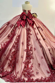 Off the Shoulder Sparkly Red Appliques Beaded Tulle Ball Gown with Bow